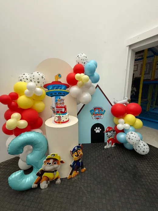 Festa infantil com tema Patrulha Pata, arco de balões e bolo personalizado.